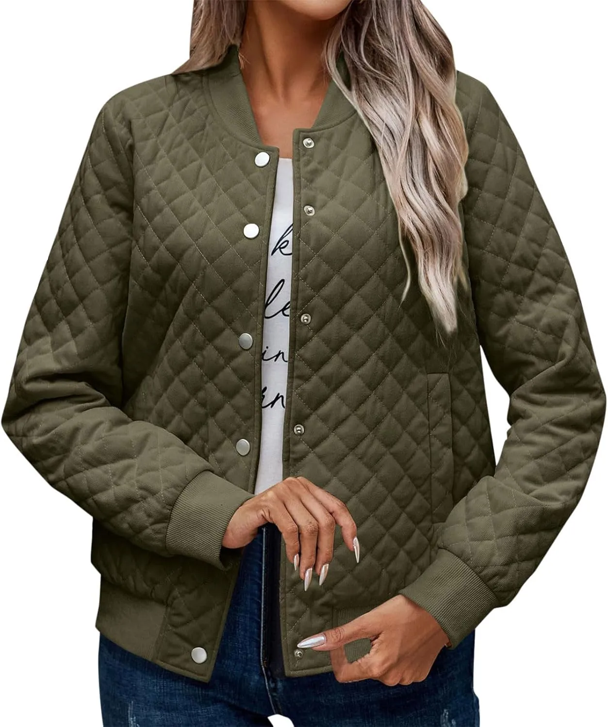 2023 Women's Bomber Jacket Winter Trendy Coats Casual Baseball Coat Button Up Outerwear Lightweight Windbreaker with Pockets
