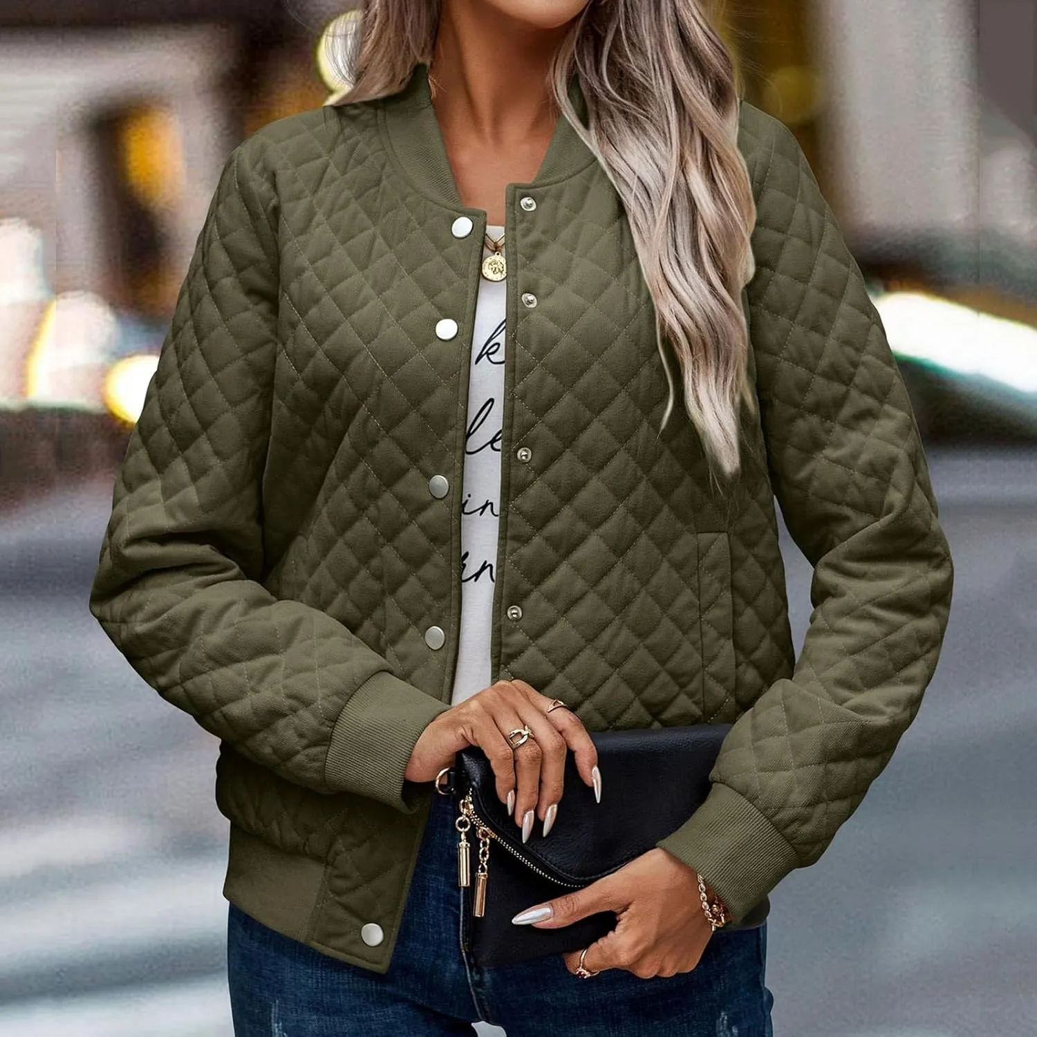 2023 Women's Bomber Jacket Winter Trendy Coats Casual Baseball Coat Button Up Outerwear Lightweight Windbreaker with Pockets