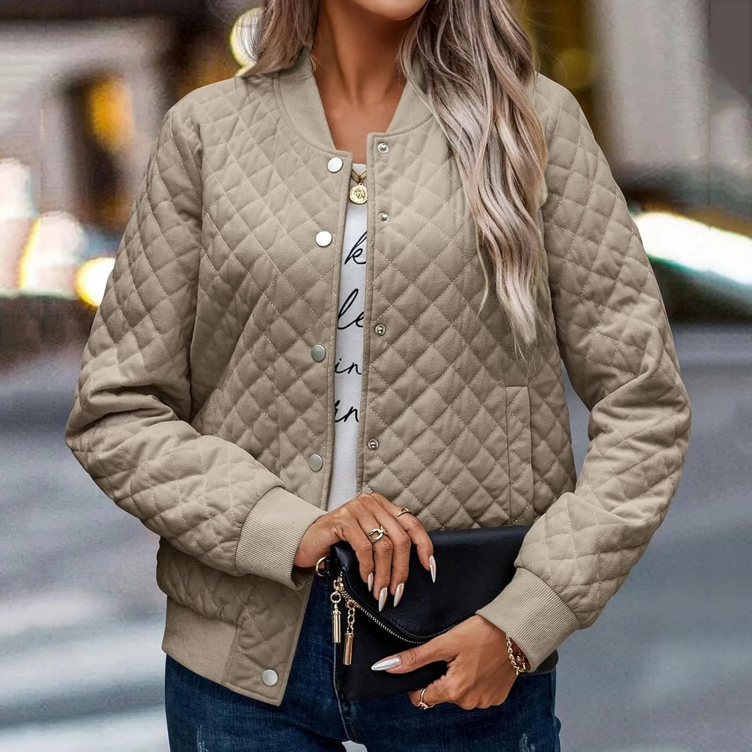 2023 Women's Bomber Jacket Winter Trendy Coats Casual Baseball Coat Button Up Outerwear Lightweight Windbreaker with Pockets