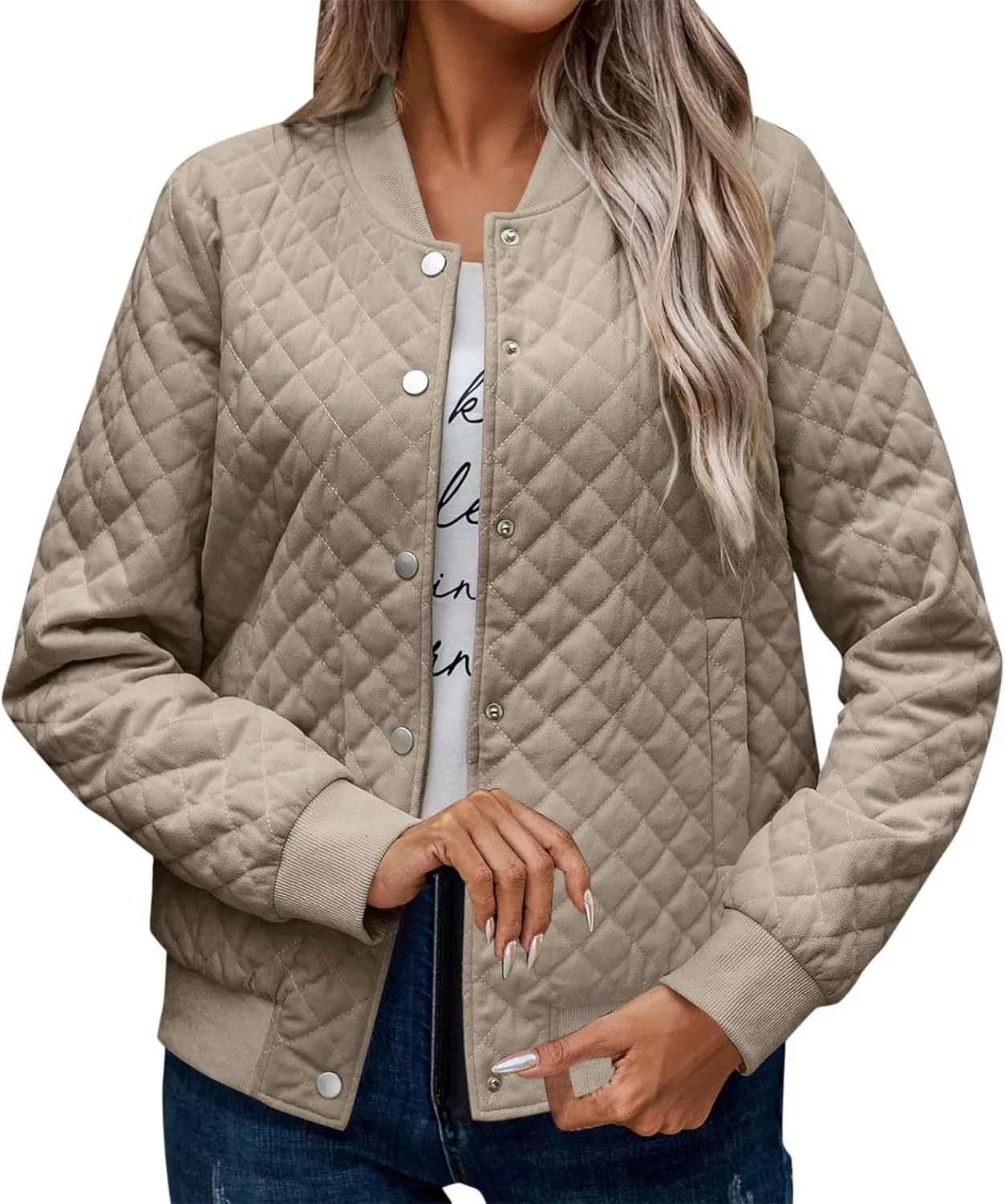 2023 Women's Bomber Jacket Winter Trendy Coats Casual Baseball Coat Button Up Outerwear Lightweight Windbreaker with Pockets