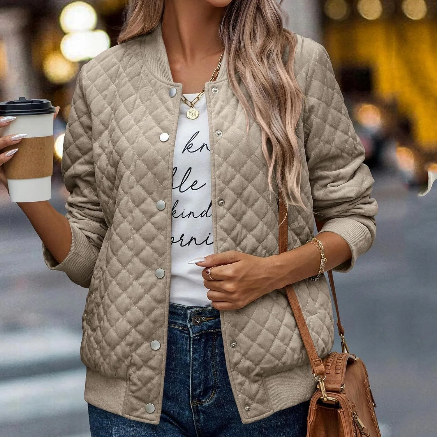 2023 Women's Bomber Jacket Winter Trendy Coats Casual Baseball Coat Button Up Outerwear Lightweight Windbreaker with Pockets