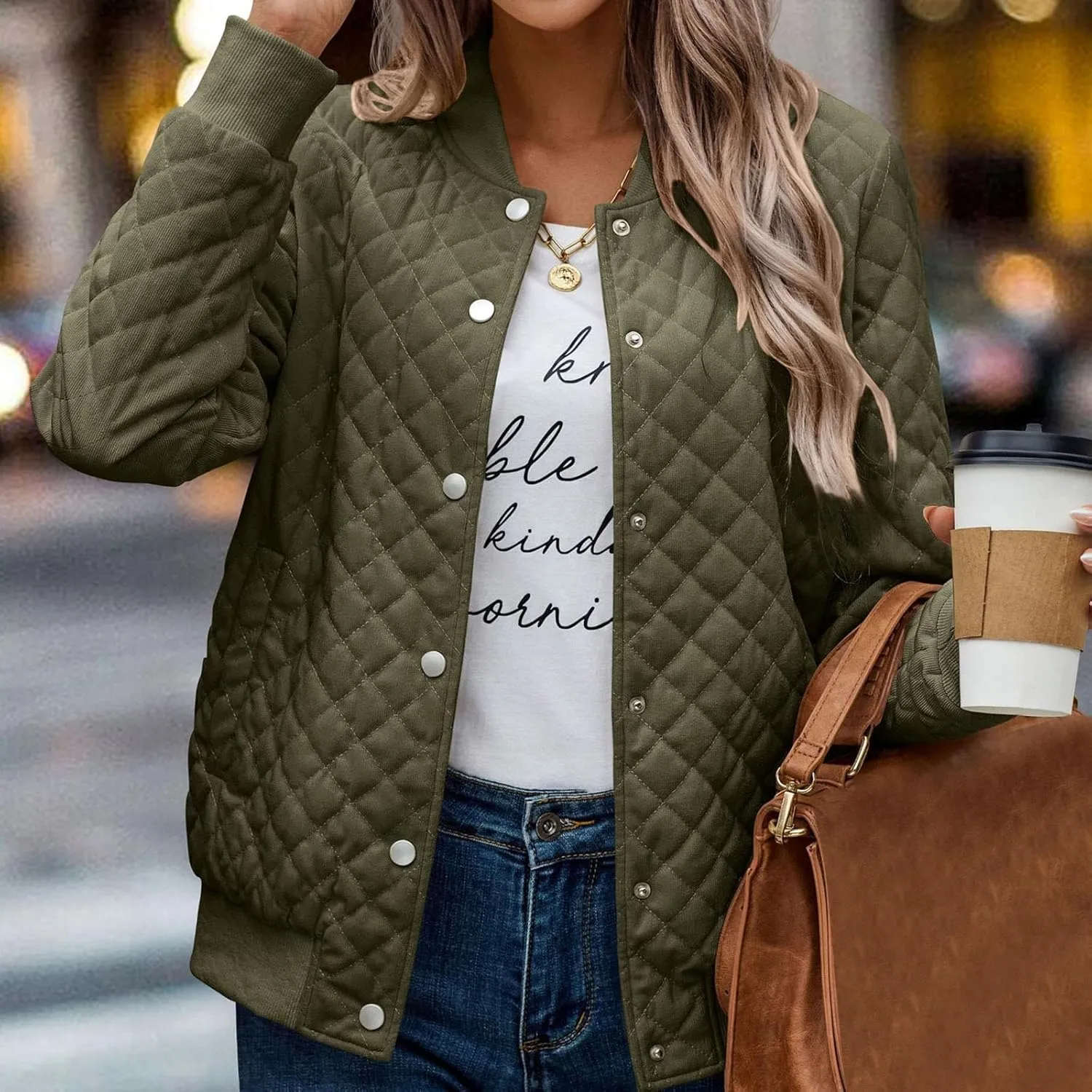 2023 Women's Bomber Jacket Winter Trendy Coats Casual Baseball Coat Button Up Outerwear Lightweight Windbreaker with Pockets