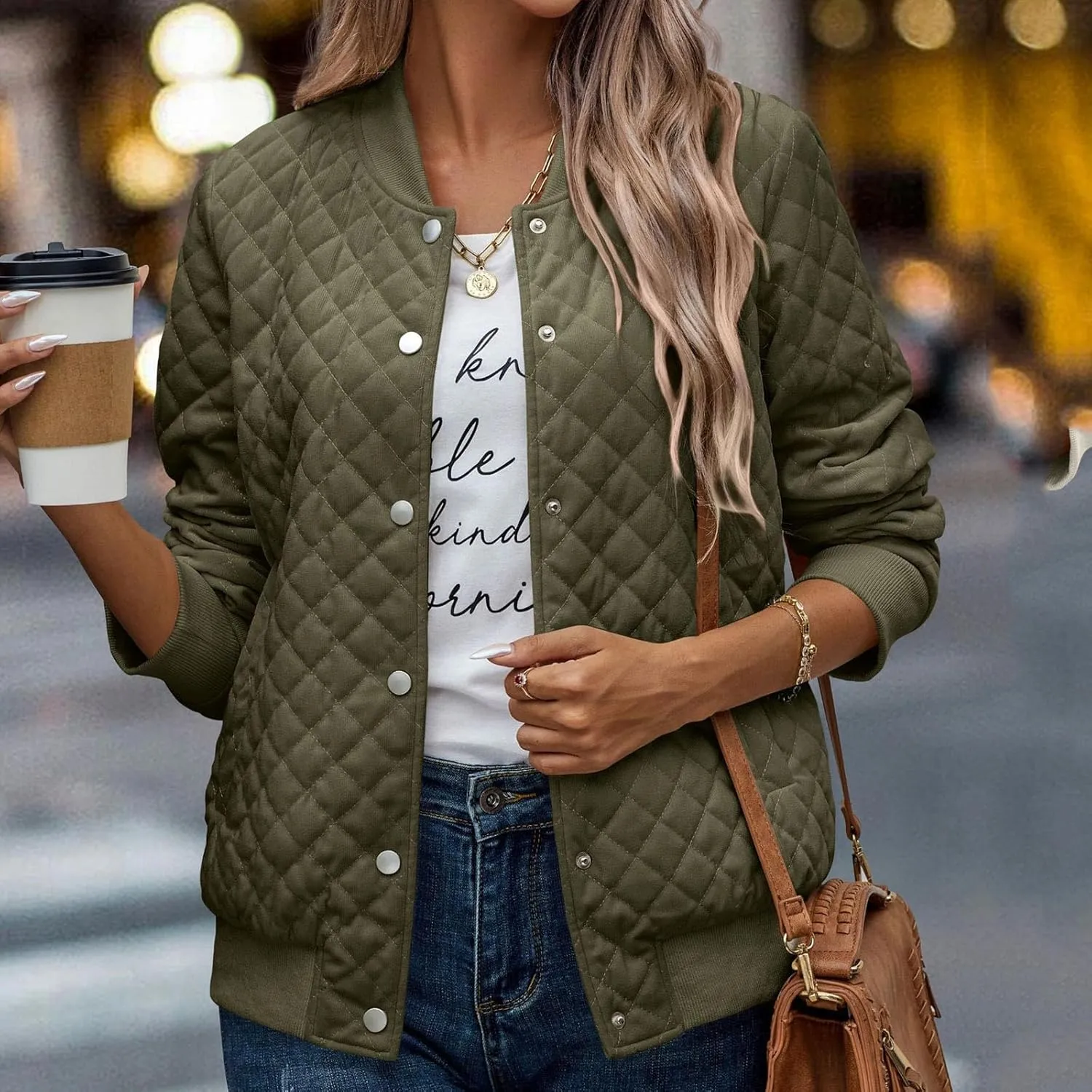 2023 Women's Bomber Jacket Winter Trendy Coats Casual Baseball Coat Button Up Outerwear Lightweight Windbreaker with Pockets