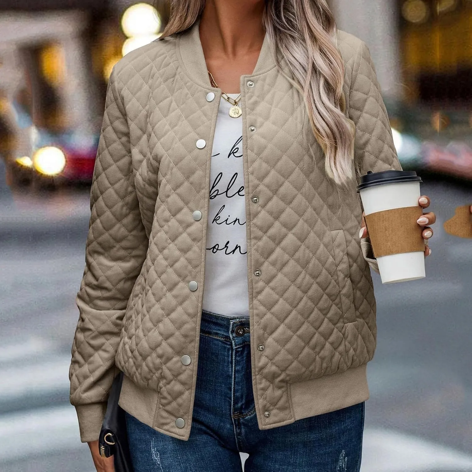 2023 Women's Bomber Jacket Winter Trendy Coats Casual Baseball Coat Button Up Outerwear Lightweight Windbreaker with Pockets