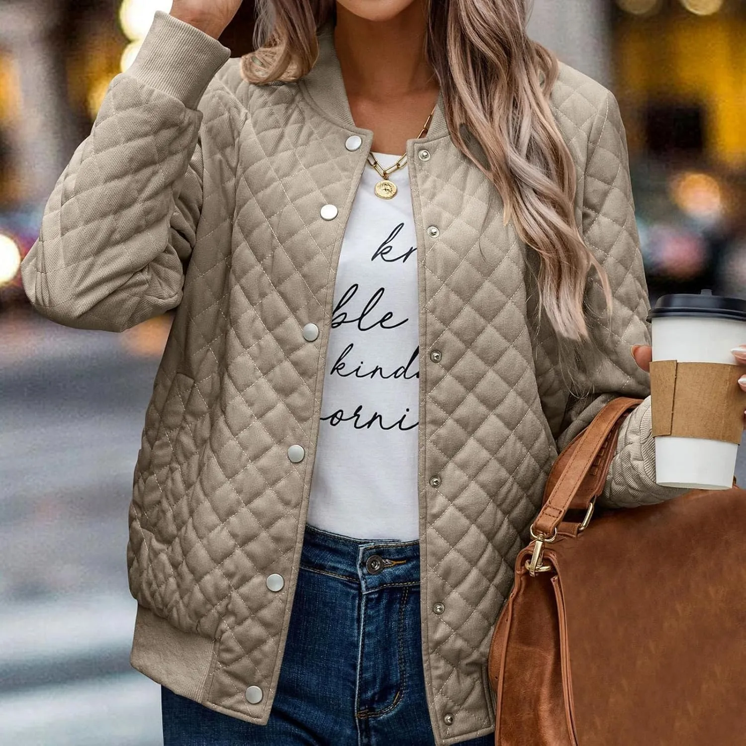 2023 Women's Bomber Jacket Winter Trendy Coats Casual Baseball Coat Button Up Outerwear Lightweight Windbreaker with Pockets