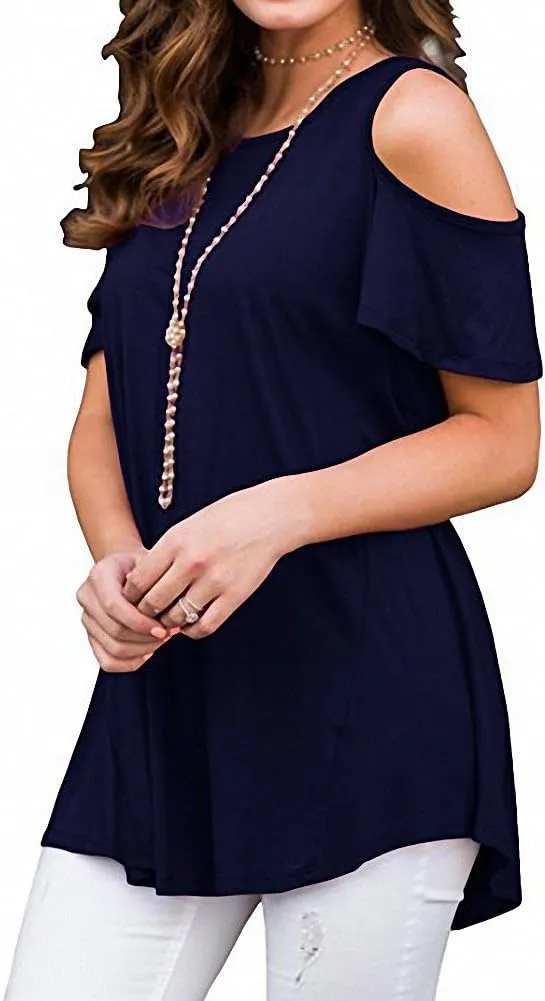 Afibi Womens Cold Shoulder 3/4 Sleeve Swing Tunic Tops for Leggings