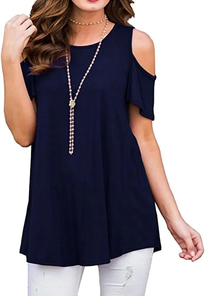 Afibi Womens Cold Shoulder 3/4 Sleeve Swing Tunic Tops for Leggings
