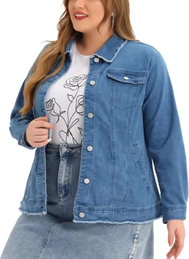 Agnes Orinda Plus Size Denim Jackets for Women Frayed Hem Classic Washed Jean Jacket
