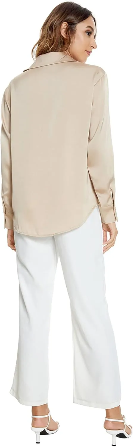 Atnlewhi Womens Long Sleeve Button Down Satin Silk Shirts Casual Business Office Work Blouses Tops
