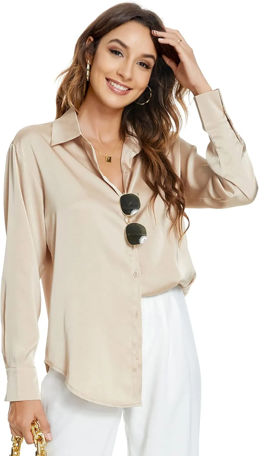 Atnlewhi Womens Long Sleeve Button Down Satin Silk Shirts Casual Business Office Work Blouses Tops