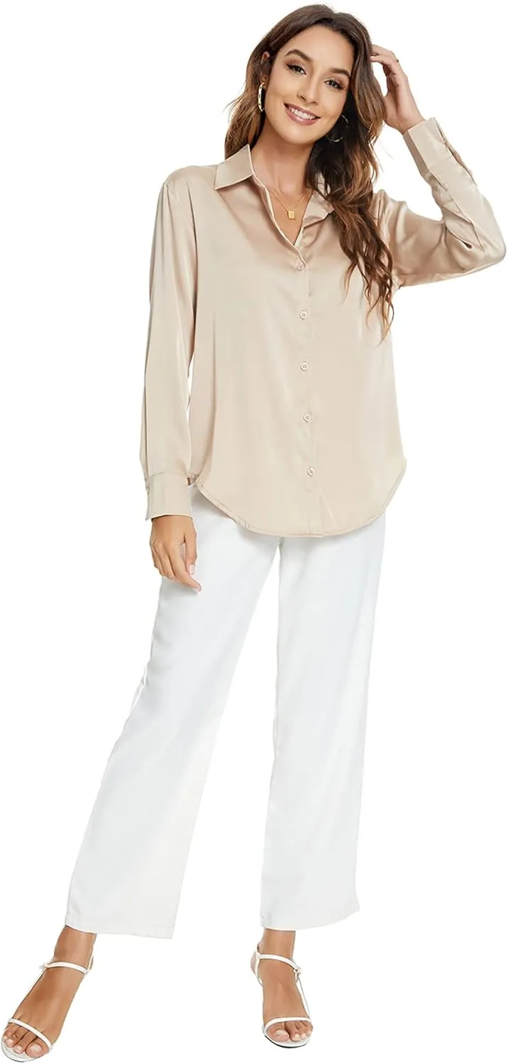 Atnlewhi Womens Long Sleeve Button Down Satin Silk Shirts Casual Business Office Work Blouses Tops
