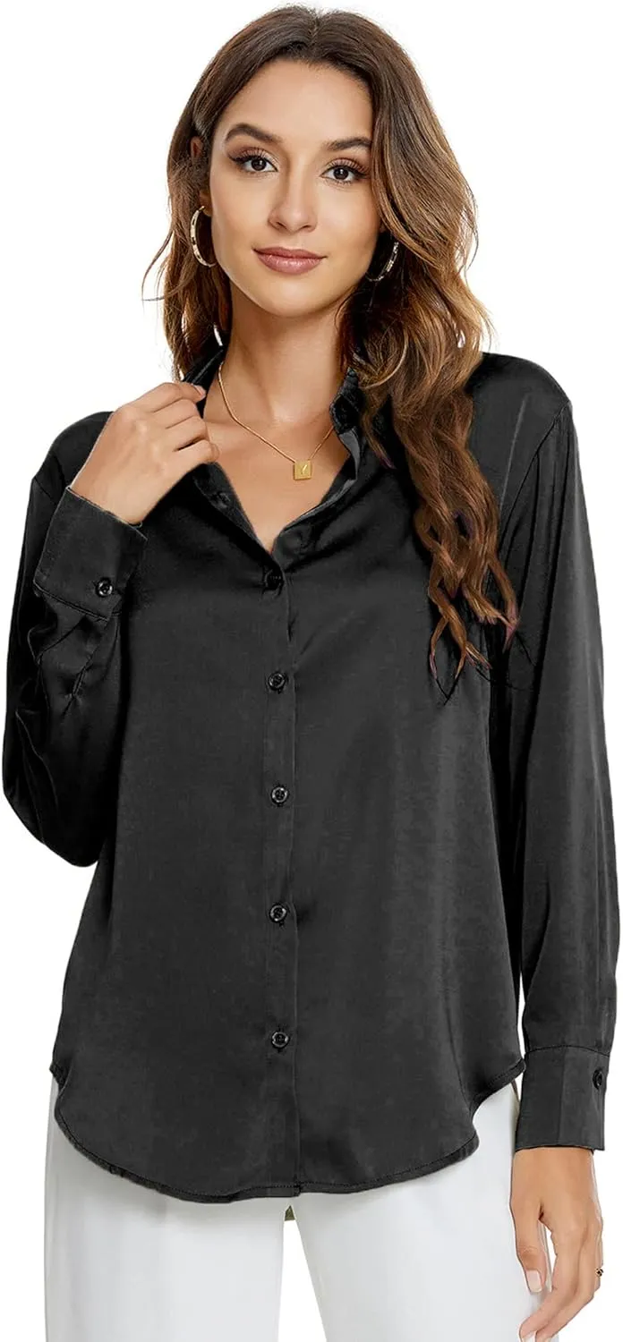 Atnlewhi Womens Long Sleeve Button Down Satin Silk Shirts Casual Business Office Work Blouses Tops