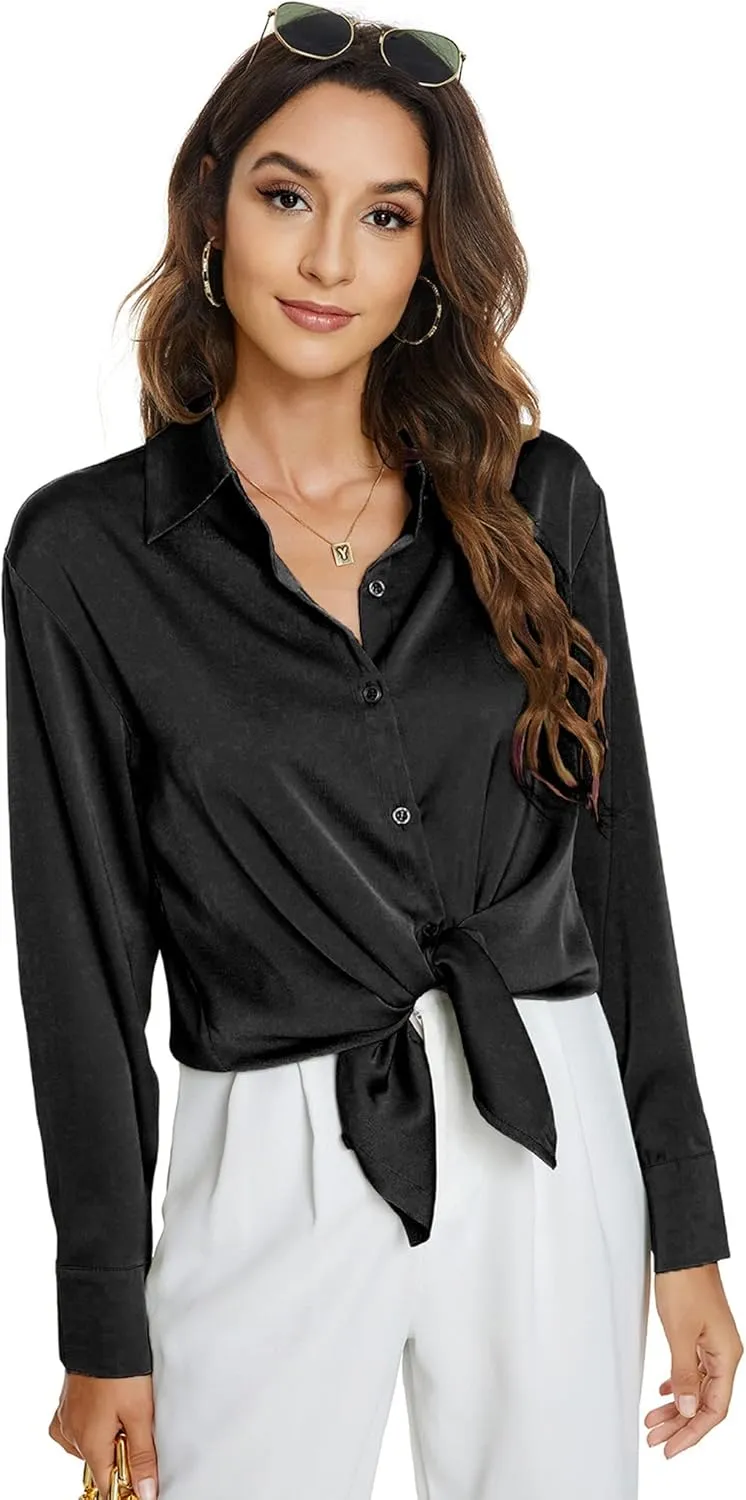 Atnlewhi Womens Long Sleeve Button Down Satin Silk Shirts Casual Business Office Work Blouses Tops
