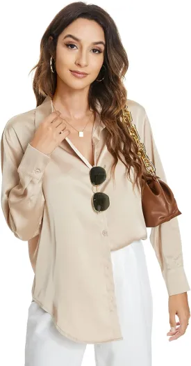 Atnlewhi Womens Long Sleeve Button Down Satin Silk Shirts Casual Business Office Work Blouses Tops