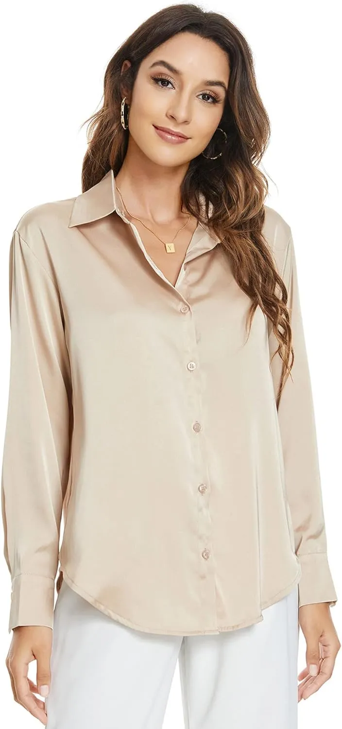 Atnlewhi Womens Long Sleeve Button Down Satin Silk Shirts Casual Business Office Work Blouses Tops