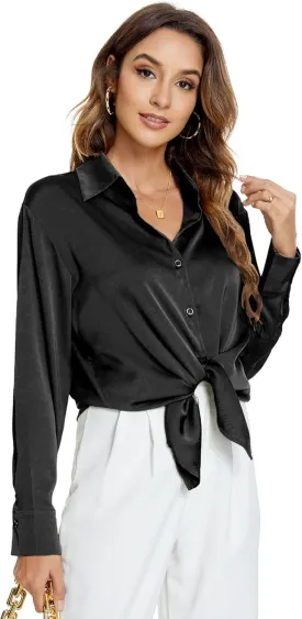 Atnlewhi Womens Long Sleeve Button Down Satin Silk Shirts Casual Business Office Work Blouses Tops