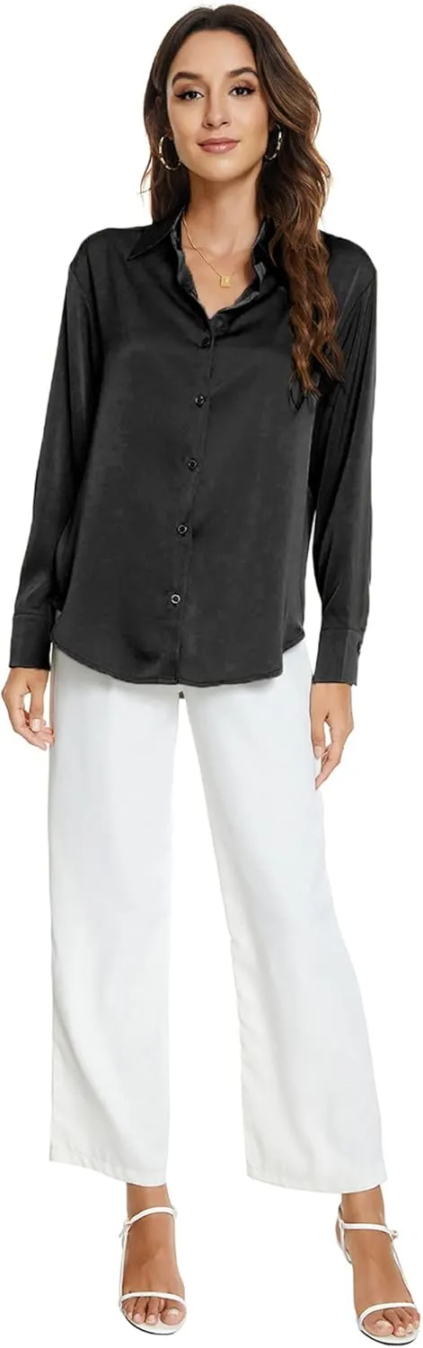 Atnlewhi Womens Long Sleeve Button Down Satin Silk Shirts Casual Business Office Work Blouses Tops
