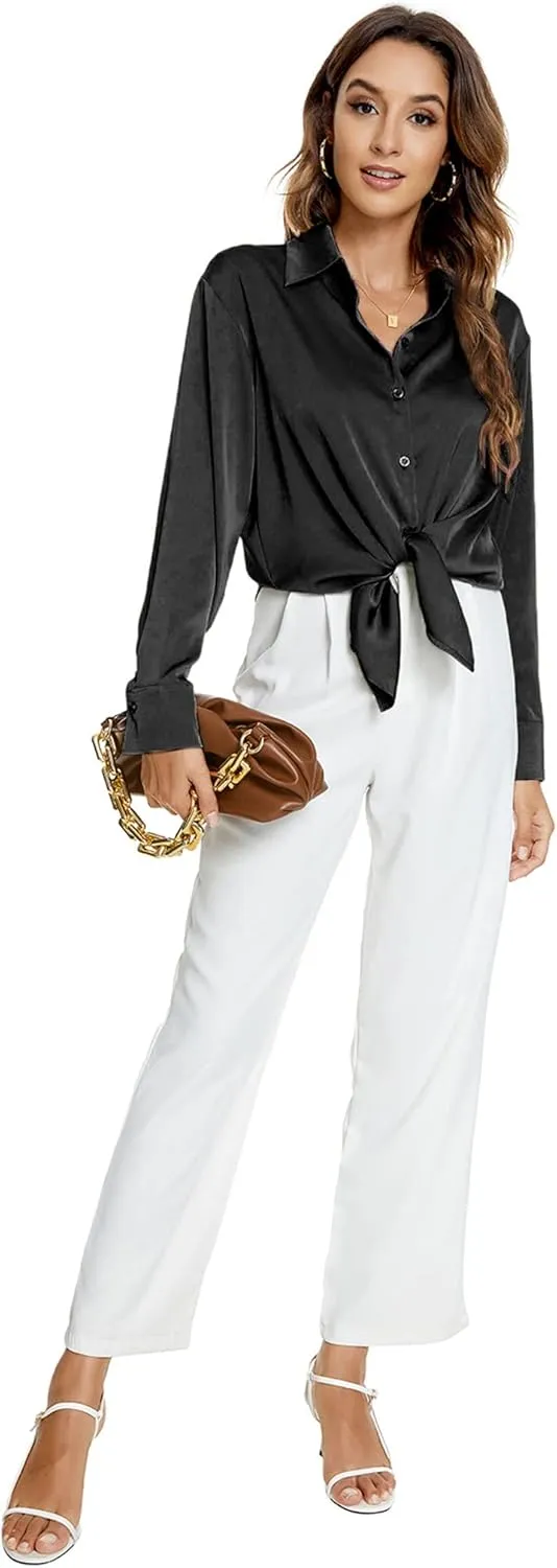 Atnlewhi Womens Long Sleeve Button Down Satin Silk Shirts Casual Business Office Work Blouses Tops