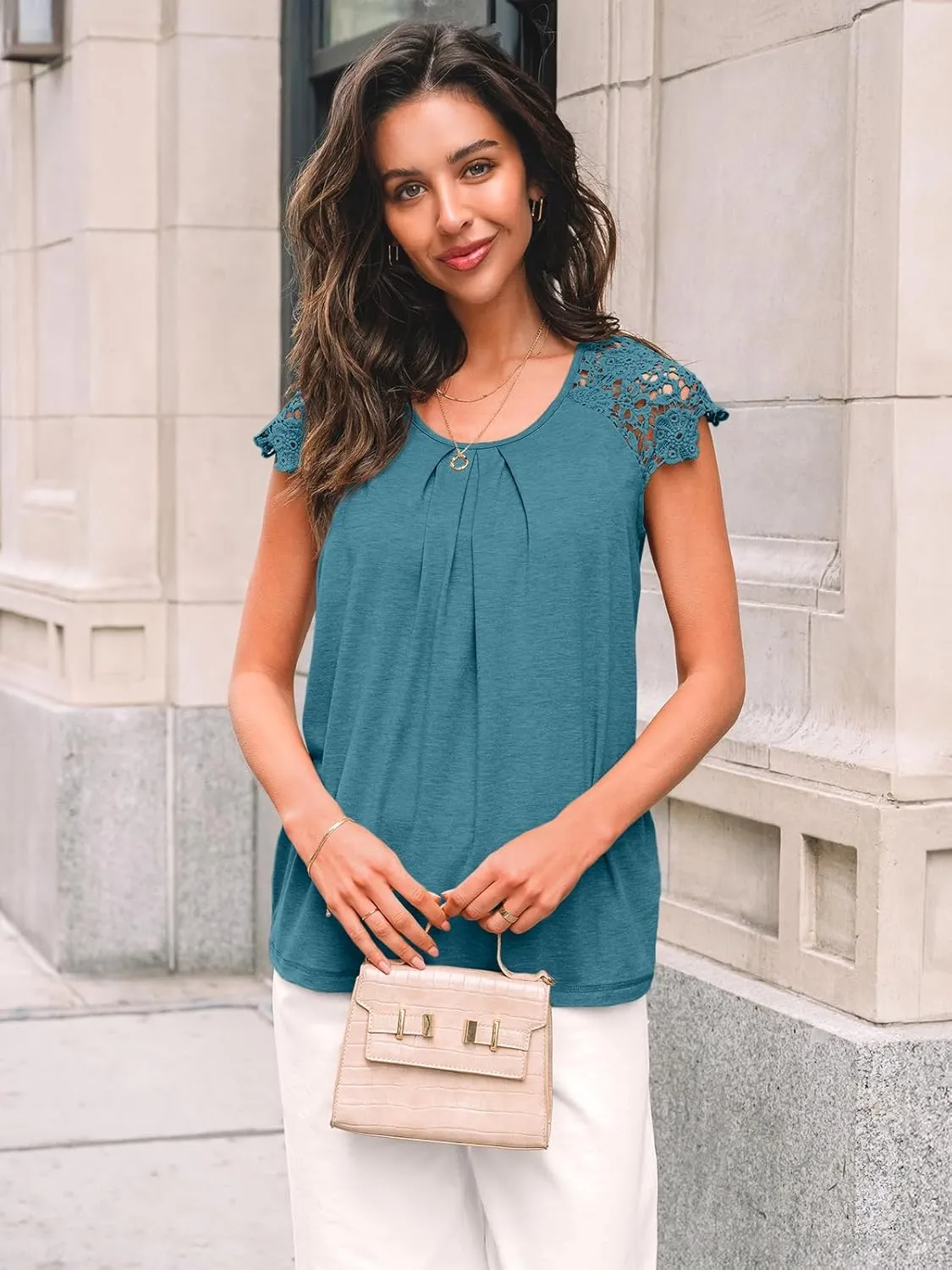 AUTOMET Womens Lace Tops Pleated Short Sleeve Shirts Summer Business Casual Dressy Blouses