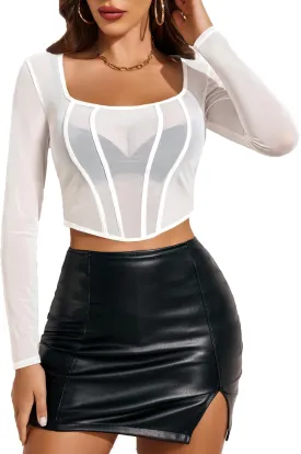 Avidlove Mesh Top Women Long Sleeve Y2K Mesh Shirt Sexy Square Neck Tops Sheer Tops See Through Blouse Shirt