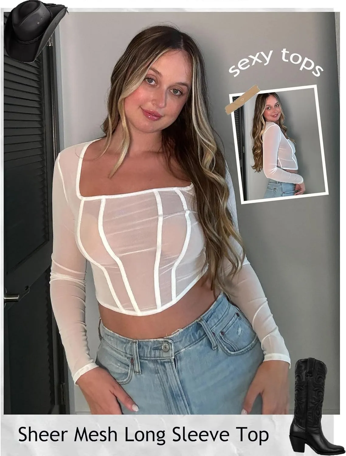 Avidlove Mesh Top Women Long Sleeve Y2K Mesh Shirt Sexy Square Neck Tops Sheer Tops See Through Blouse Shirt