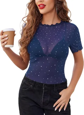 Avidlove Women Mesh Tops Short Sleeve Rhinestone Shirts Sheer Blouse Sexy Going Out Tops Sparkly Party Tops Summer