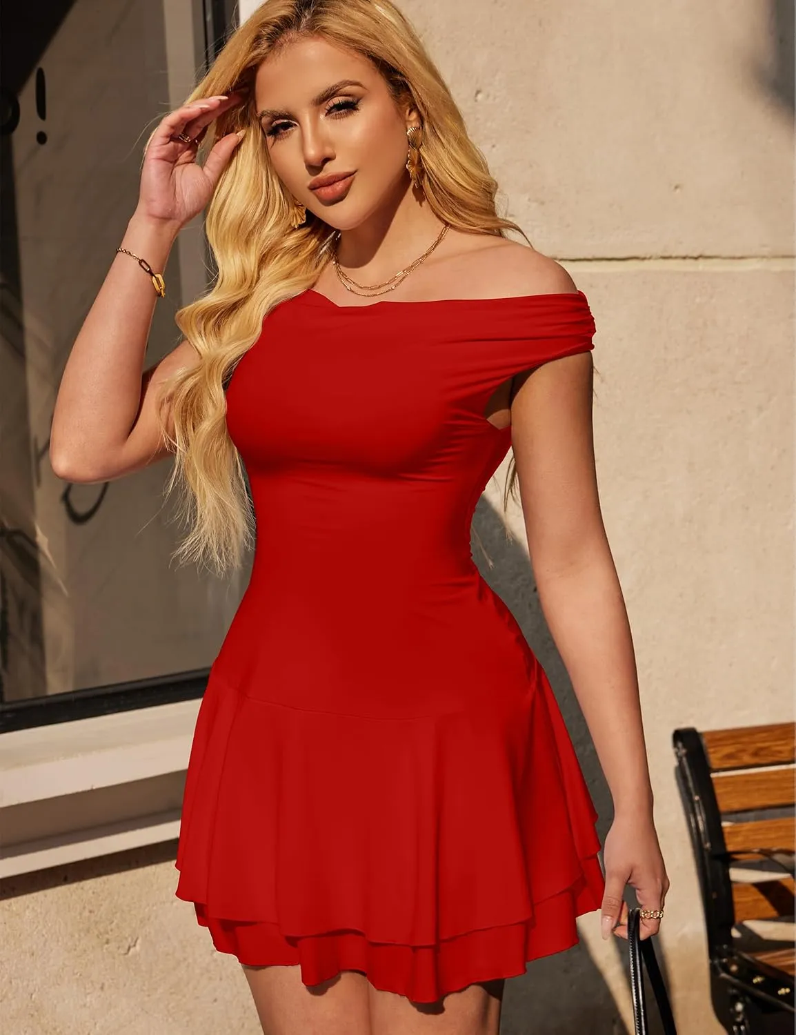 BEAGIMEG Women's Sexy Bodycon Off Shoulder Sleeveless Ruffles Club Party Mini Dress