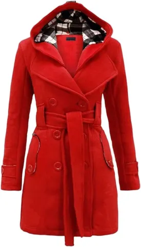 BOFETA Womens Lapel Double Breasted Mid Length Pea Coat Hooded Winter Trench Coat Jackets with Belt