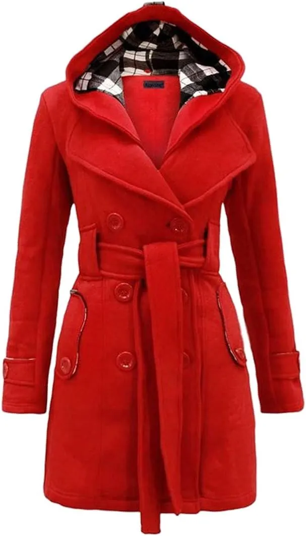 BOFETA Womens Lapel Double Breasted Mid Length Pea Coat Hooded Winter Trench Coat Jackets with Belt