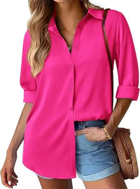 BTFBM Button Down Satin Blouses for Women Dressy Casual Lapel V Neck Long Sleeve Shirts Loose Business Work Tops 2024