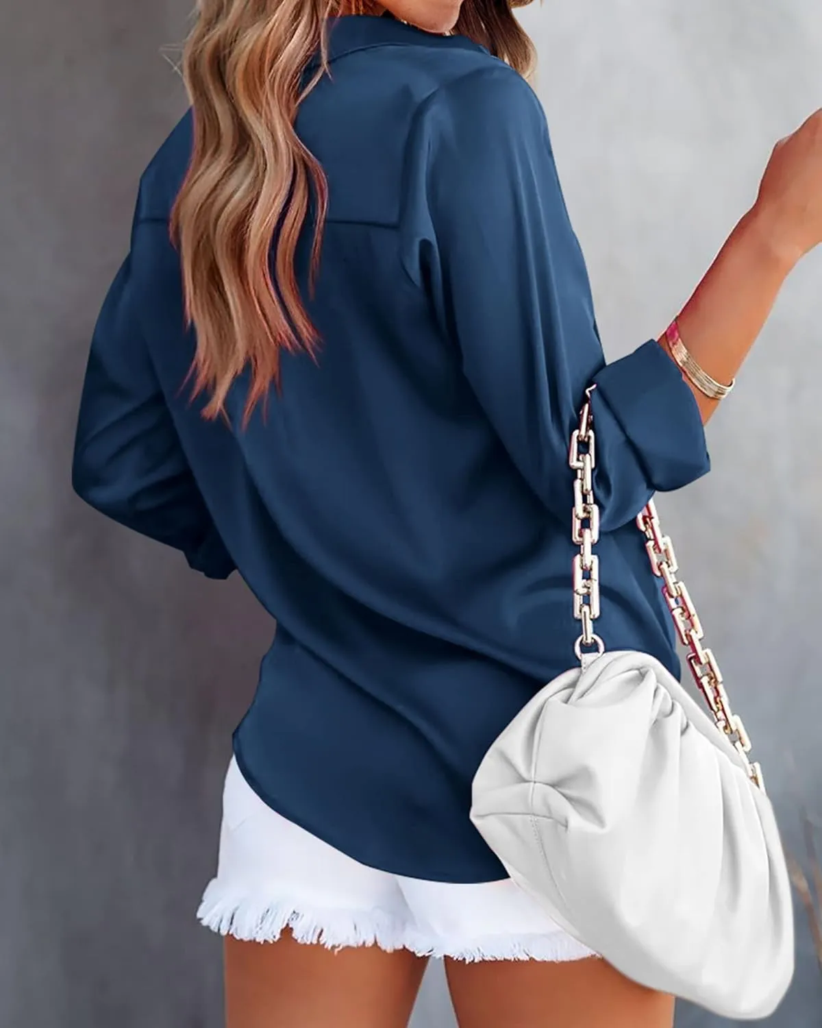 BTFBM Button Down Satin Blouses for Women Dressy Casual Lapel V Neck Long Sleeve Shirts Loose Business Work Tops 2024