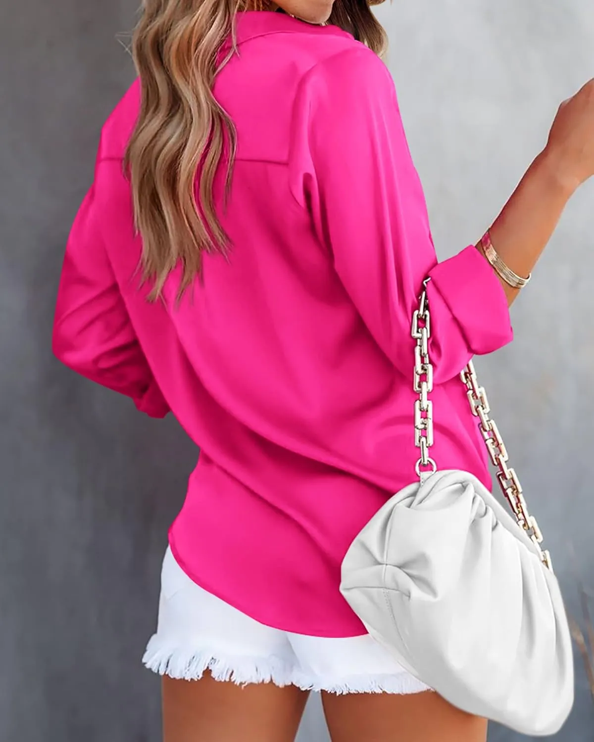 BTFBM Button Down Satin Blouses for Women Dressy Casual Lapel V Neck Long Sleeve Shirts Loose Business Work Tops 2024