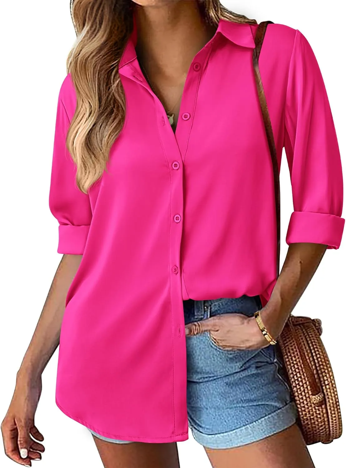 BTFBM Button Down Satin Blouses for Women Dressy Casual Lapel V Neck Long Sleeve Shirts Loose Business Work Tops 2024