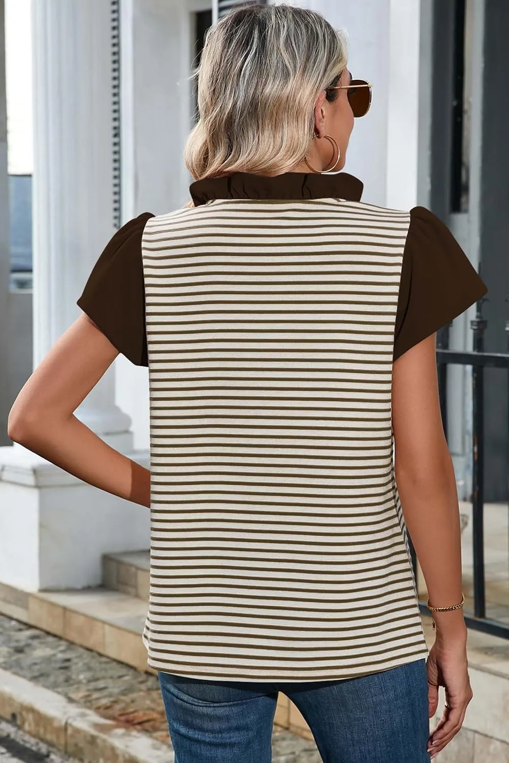 Cakulo Womens Striped Summer Ruffle Cap Short Sleeve Tops 2025 Casual Blouses V Neck T Shirts Loose Top