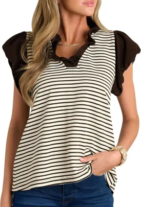 Cakulo Womens Striped Summer Ruffle Cap Short Sleeve Tops 2025 Casual Blouses V Neck T Shirts Loose Top