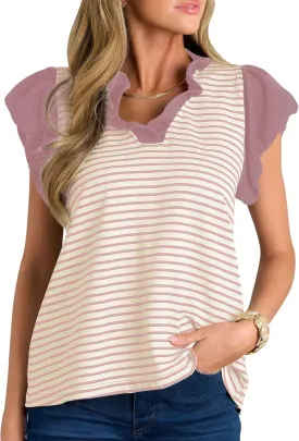 Cakulo Womens Striped Summer Ruffle Cap Short Sleeve Tops 2025 Casual Blouses V Neck T Shirts Loose Top