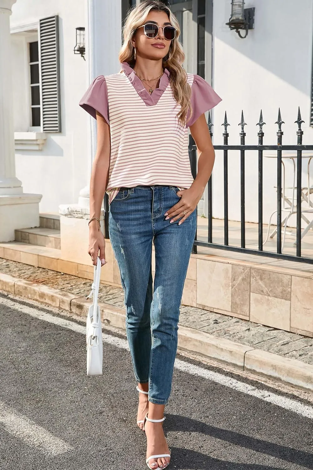 Cakulo Womens Striped Summer Ruffle Cap Short Sleeve Tops 2025 Casual Blouses V Neck T Shirts Loose Top