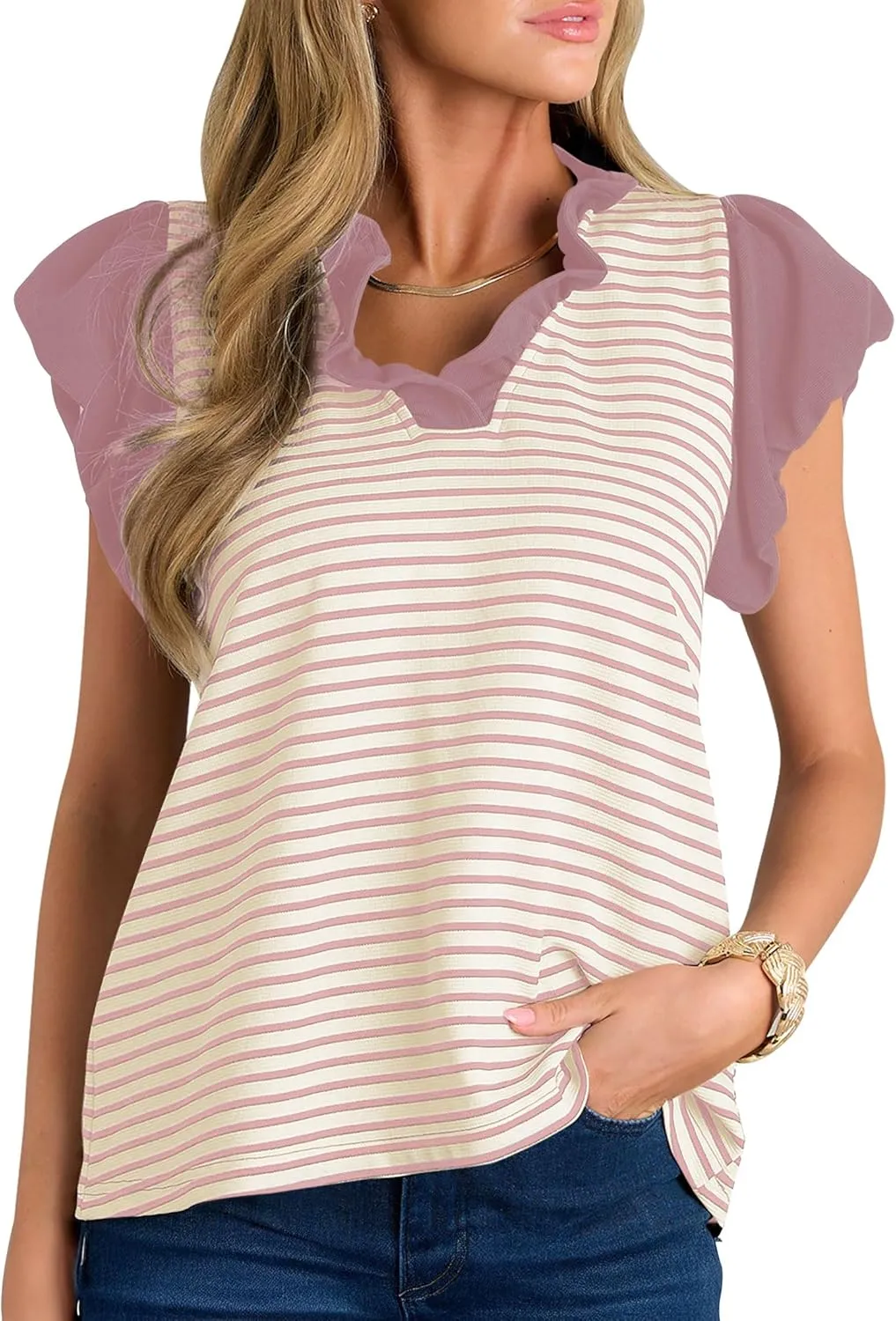 Cakulo Womens Striped Summer Ruffle Cap Short Sleeve Tops 2025 Casual Blouses V Neck T Shirts Loose Top