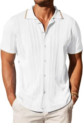 COOFANDY Men's Knit Button Down Shirt Vintage Short Sleeve Polo Shirts Casual Beach Tops