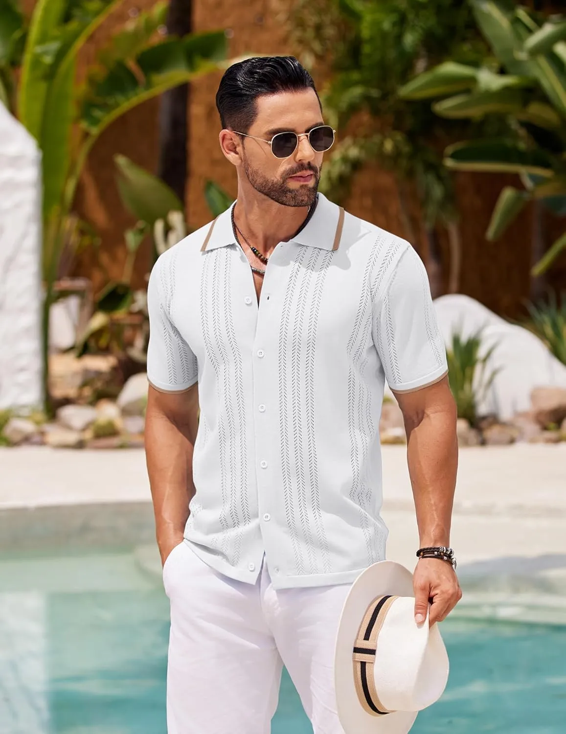COOFANDY Men's Knit Button Down Shirt Vintage Short Sleeve Polo Shirts Casual Beach Tops