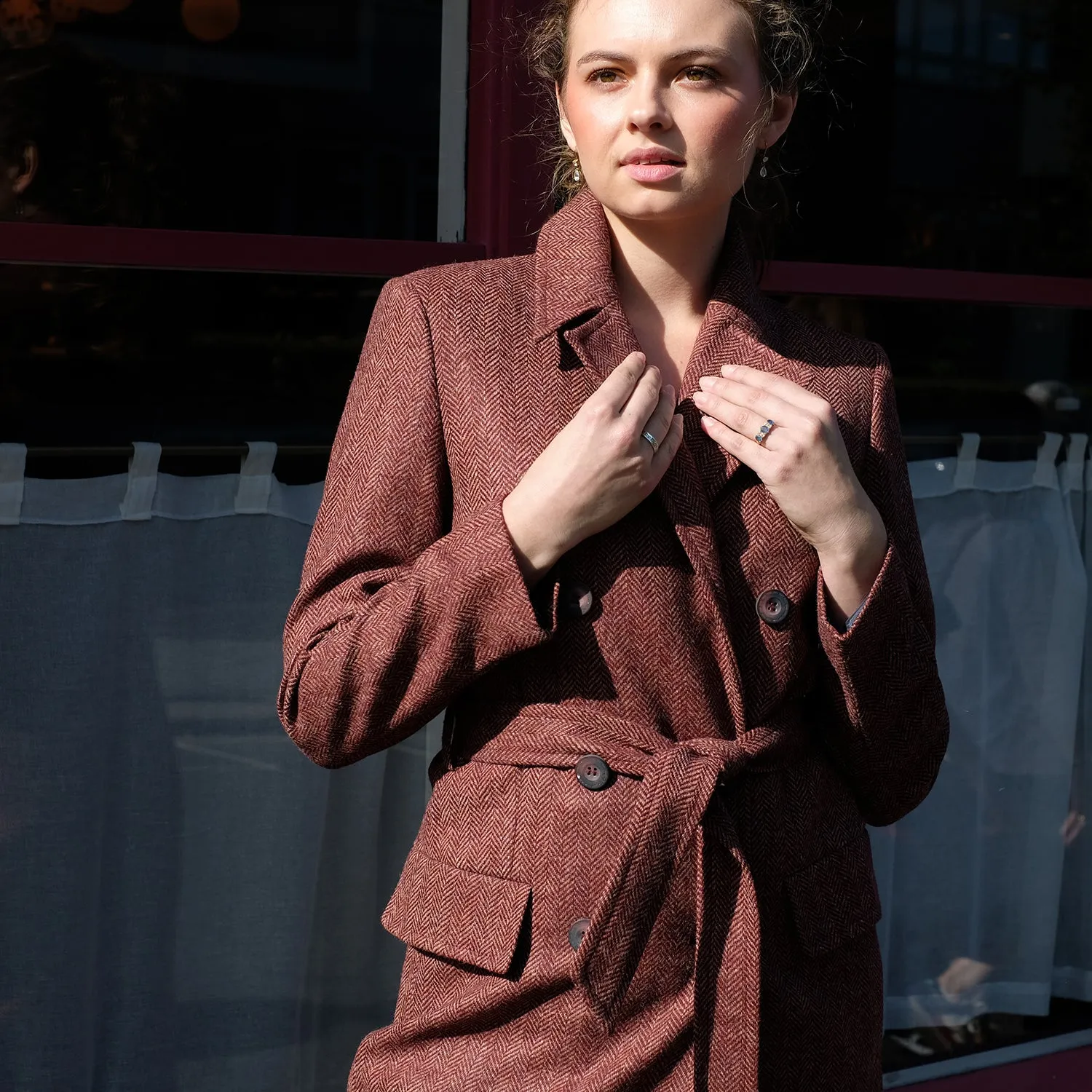 Double-Breasted Tweed Trench Coat in Burgundy Herringbone