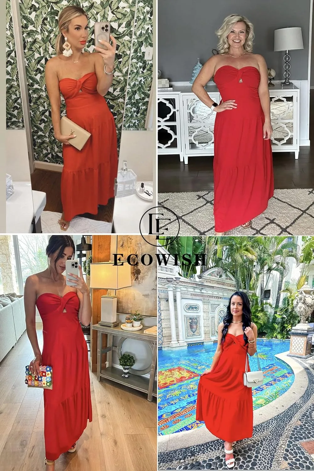 ECOWISH Women's Summer Strapless Maxi Dress 2025 Off Shoulder Hollow Out Smocked A Line Tube Tiered Long Dresses