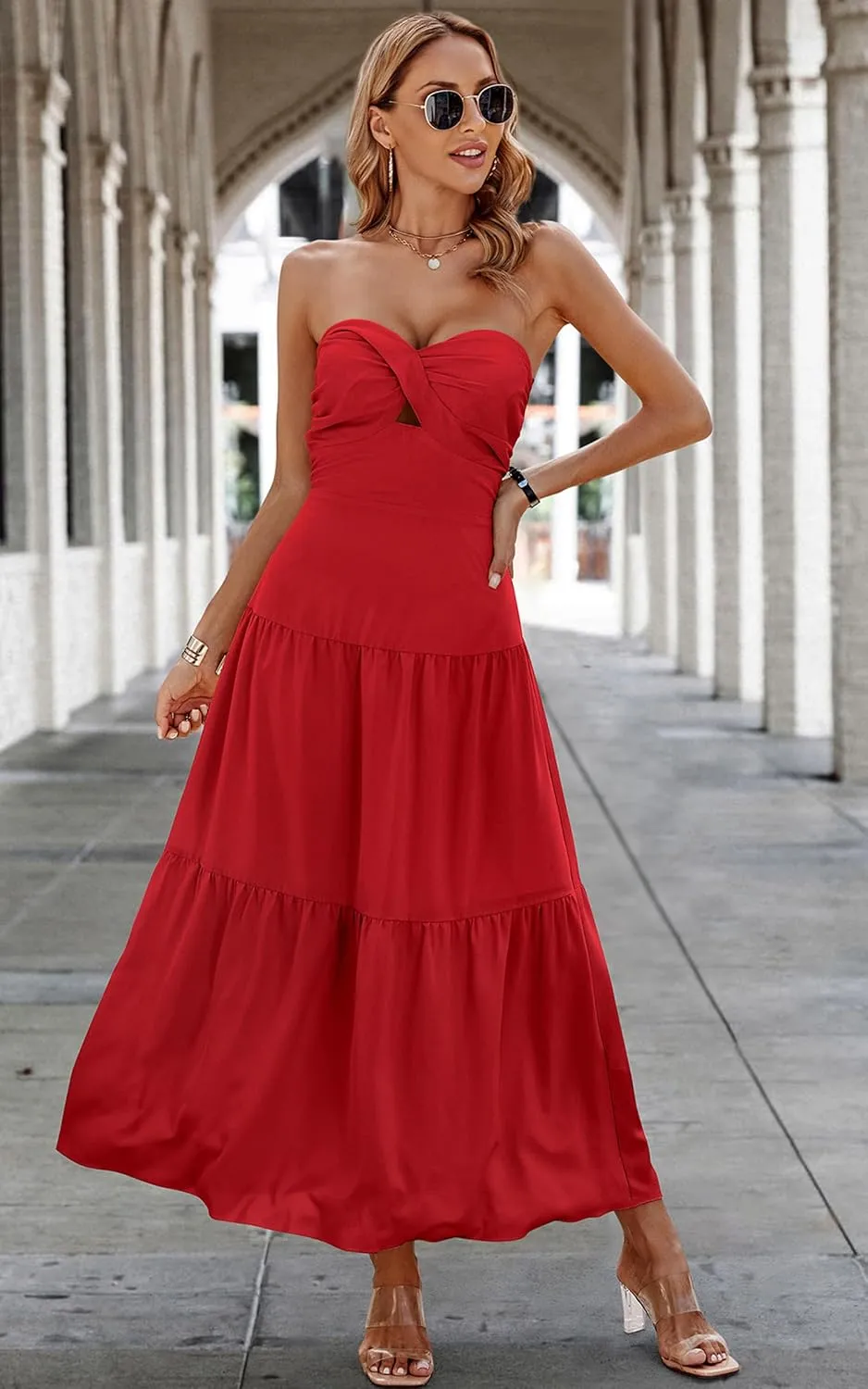 ECOWISH Women's Summer Strapless Maxi Dress 2025 Off Shoulder Hollow Out Smocked A Line Tube Tiered Long Dresses