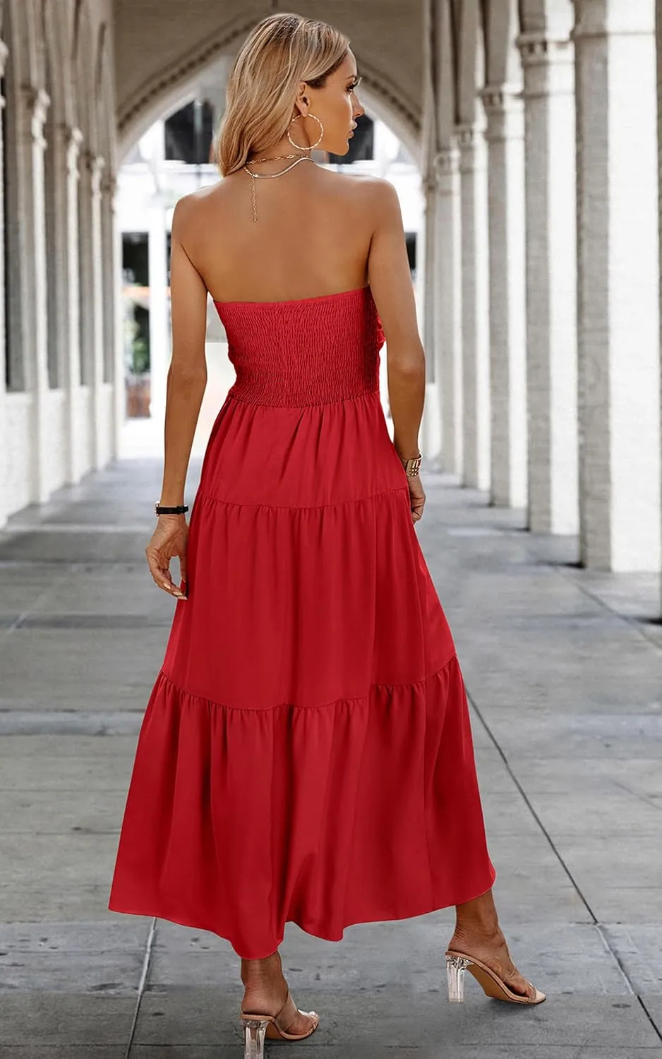 ECOWISH Women's Summer Strapless Maxi Dress 2025 Off Shoulder Hollow Out Smocked A Line Tube Tiered Long Dresses