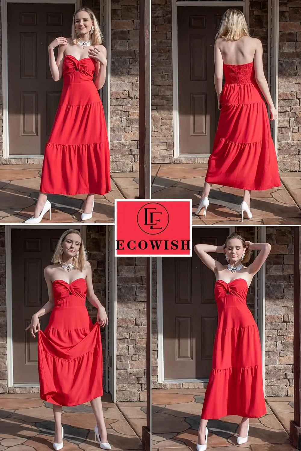 ECOWISH Women's Summer Strapless Maxi Dress 2025 Off Shoulder Hollow Out Smocked A Line Tube Tiered Long Dresses