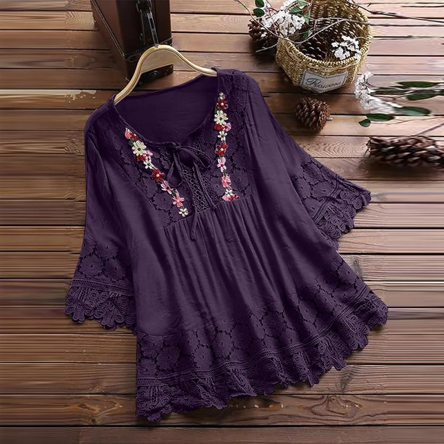 Finelylove Womens Cotton Linen Embroidered Tops Loose Fit 3/4 Sleeve Boho Peasant Blouse Lace Shirts Summer Clothes 2025