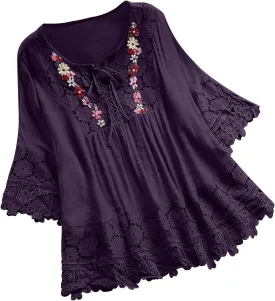 Finelylove Womens Cotton Linen Embroidered Tops Loose Fit 3/4 Sleeve Boho Peasant Blouse Lace Shirts Summer Clothes 2025