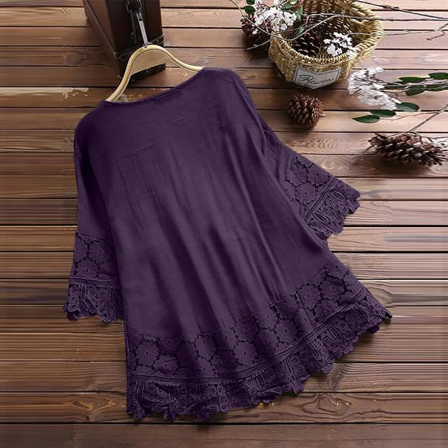 Finelylove Womens Cotton Linen Embroidered Tops Loose Fit 3/4 Sleeve Boho Peasant Blouse Lace Shirts Summer Clothes 2025