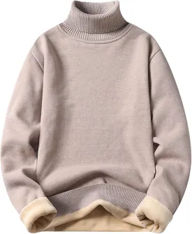Fleece Lined Sweatshirts for Men Turtleneck Oversized Long Sleeve Knit Sweater Solid Casual Winter Warm Pullover Tops