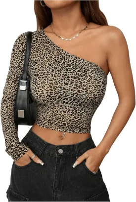 Floerns Women's One Shoulder Long Sleeve Ruched Side Crop Tops Tee Shirt